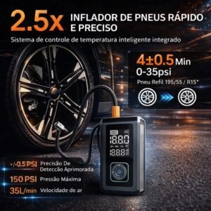 Auxiliar de Partida 3 em 1: Compressor de Ar, Lanterna LED e Bateria Portátil