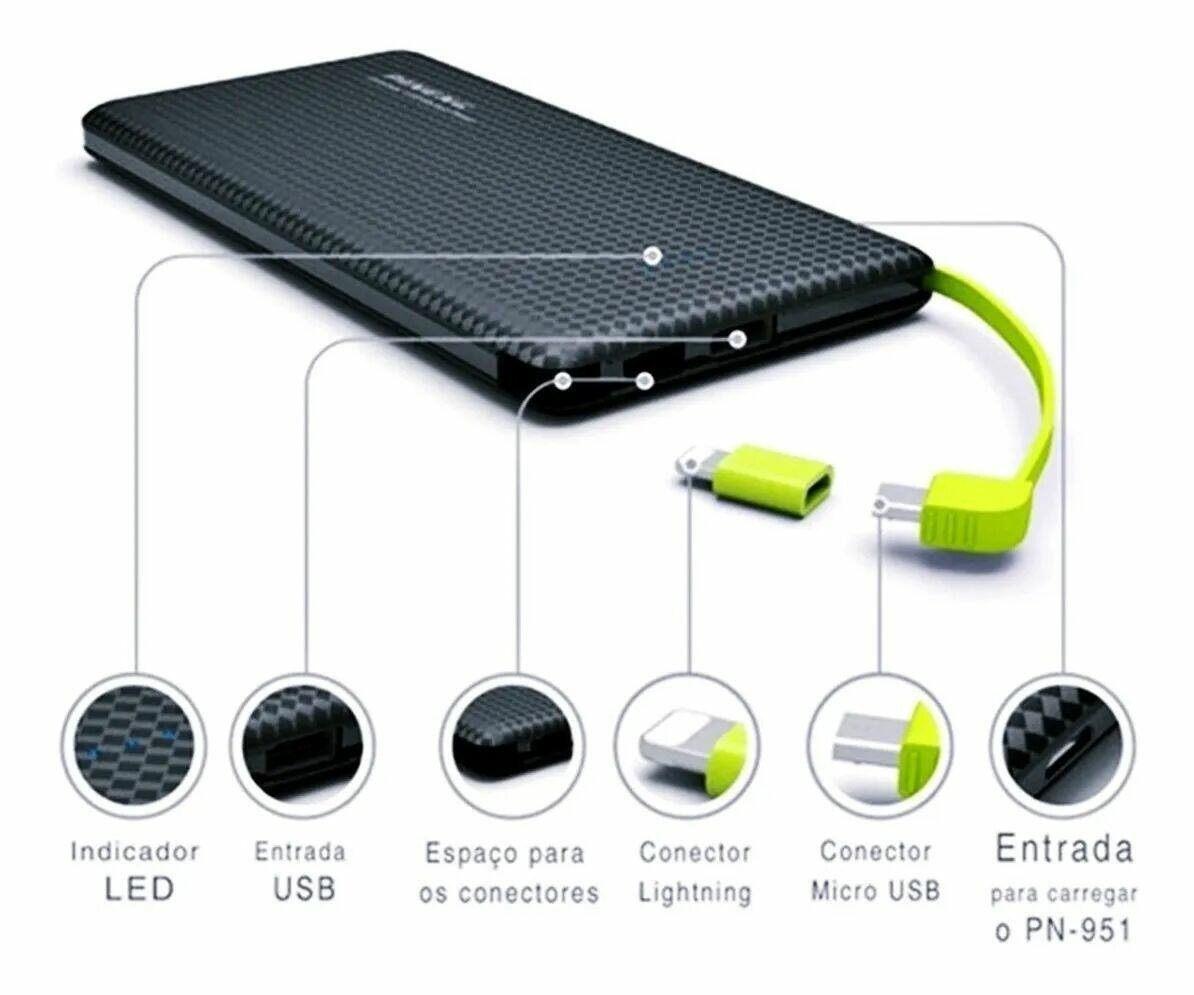 Power Bank Pineng PN-951 10.000mAh - Carregador Portátil Universal com Adaptador Lightning